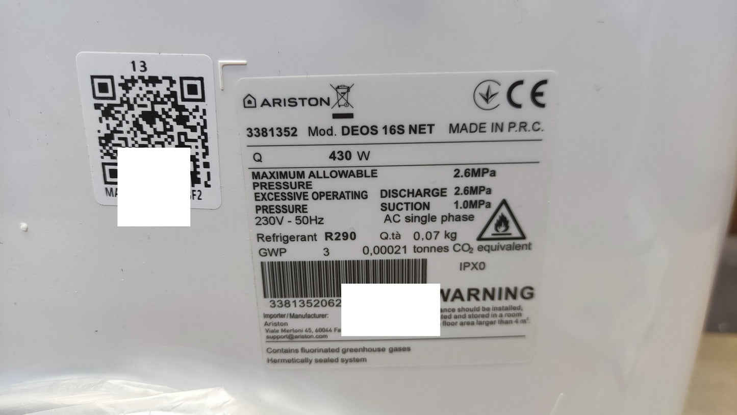 Ariston DEOS 16S NET Tragbarer Luftentfeuchter 3381352, 430W, 16 L/Tag, I38107