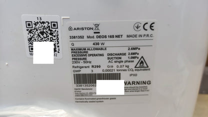 Ariston DEOS 16S NET Tragbarer Luftentfeuchter 3381352, 430W, 16 L/Tag, I38107
