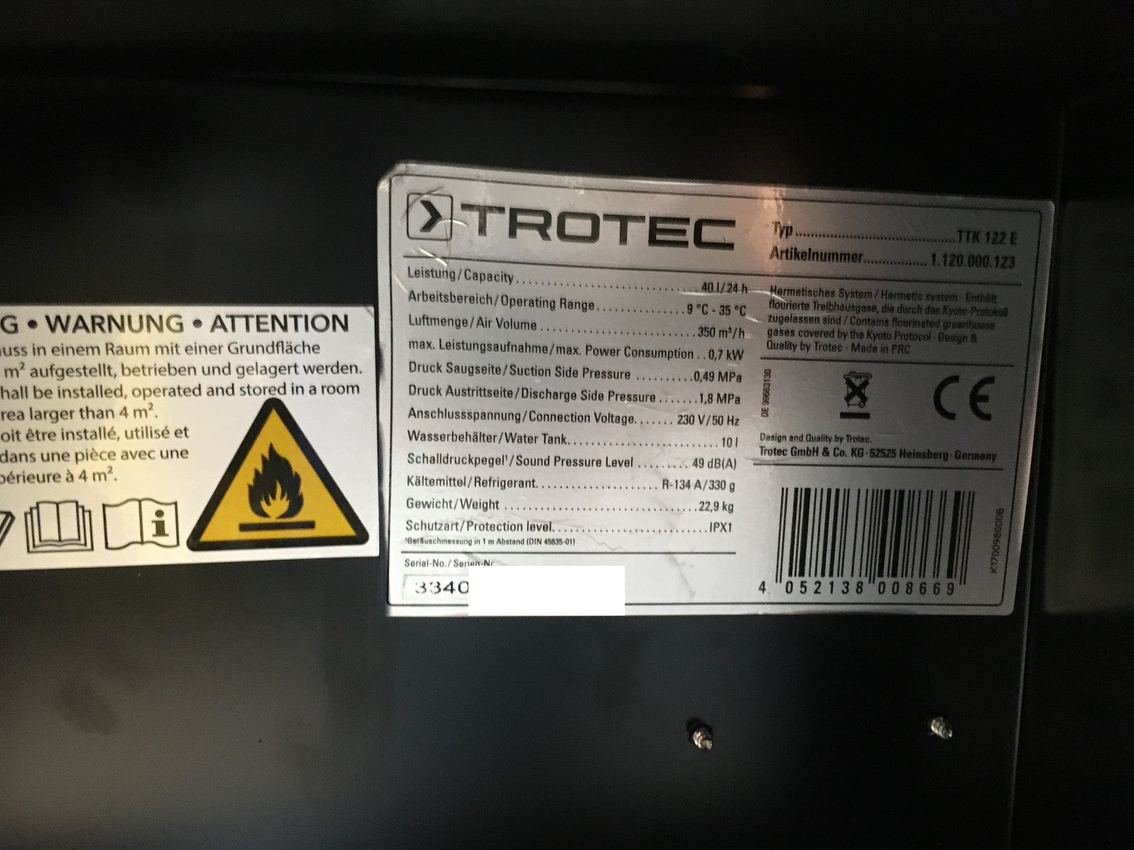 TROTEC Luftentfeuchter TTK 122 E (1120000123), 40 L/Tag, bis 120 m², I38287