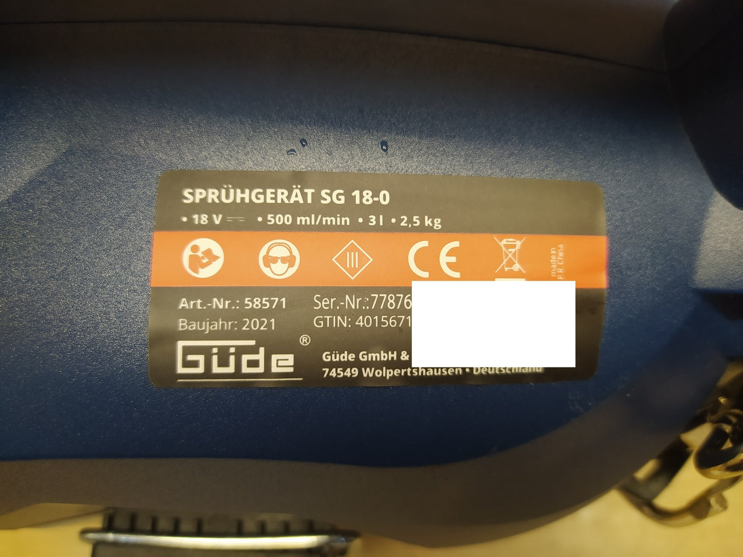 Güde 58571 Akku-Sprühgerät SG 18-0 SOLO, 18V, 3 l Behältervolumen, I36939