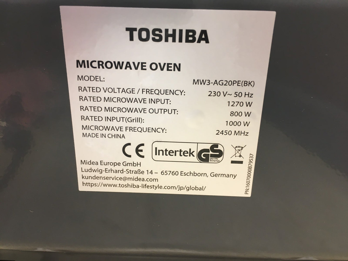 Toshiba MW3-AG20PE(BK) Mikrowelle mit Grill 20L 3-in-1 800W, Grill 1000W, I38982