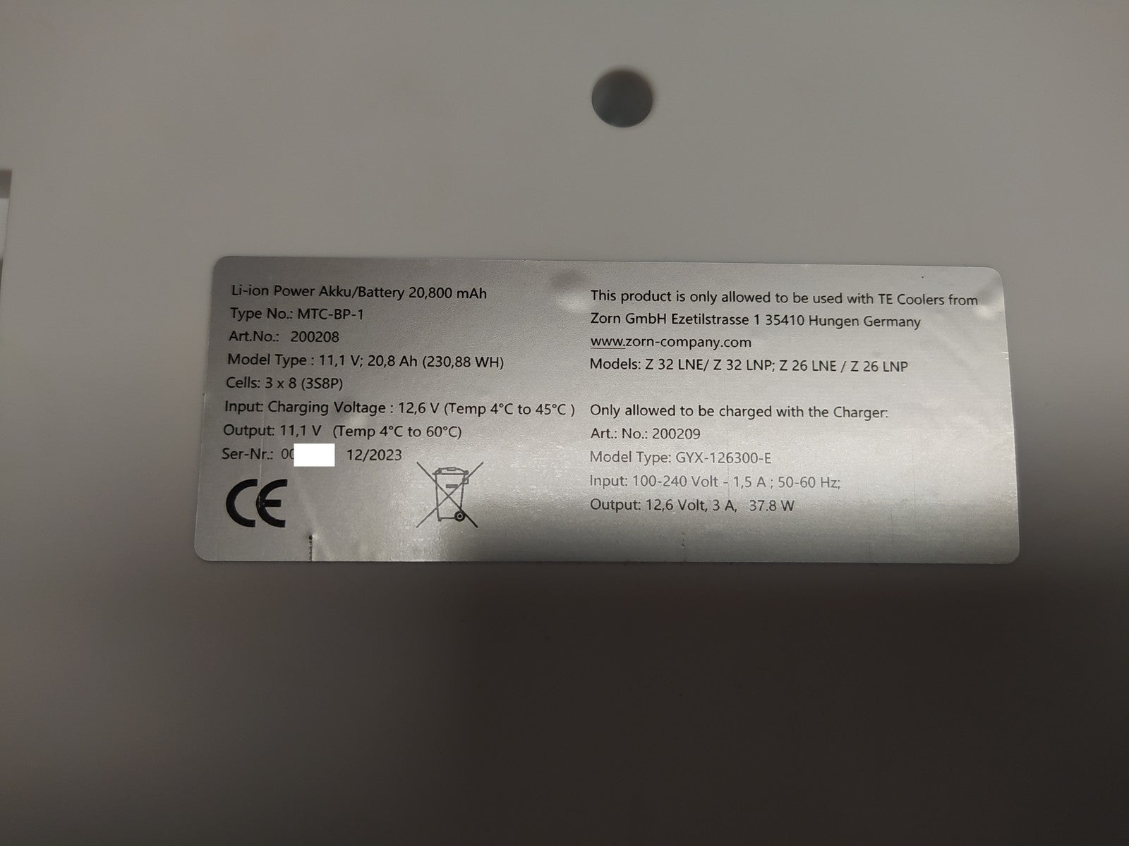 Zorn Akku 20.8000 mAh für Zorn Kühlbox Z 32 LNP, I39020