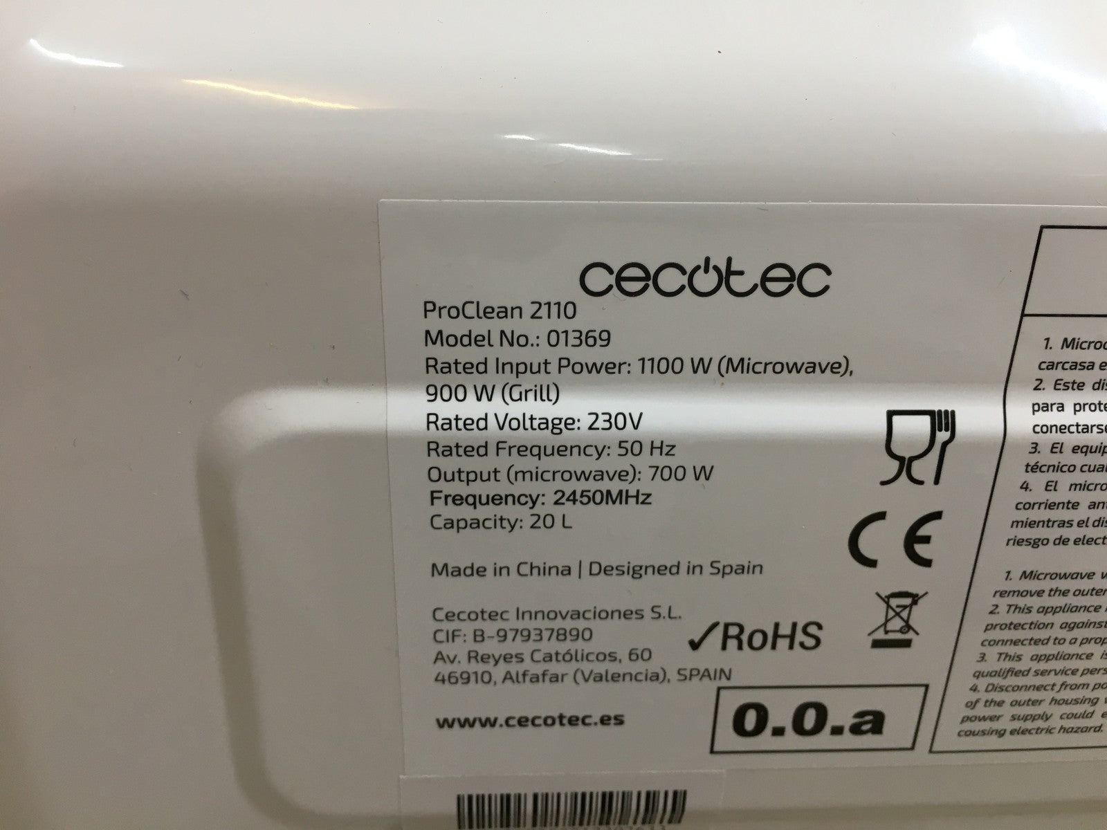 Cecotec ProClean 2110 Mikrowelle (01369), 20L, I39645