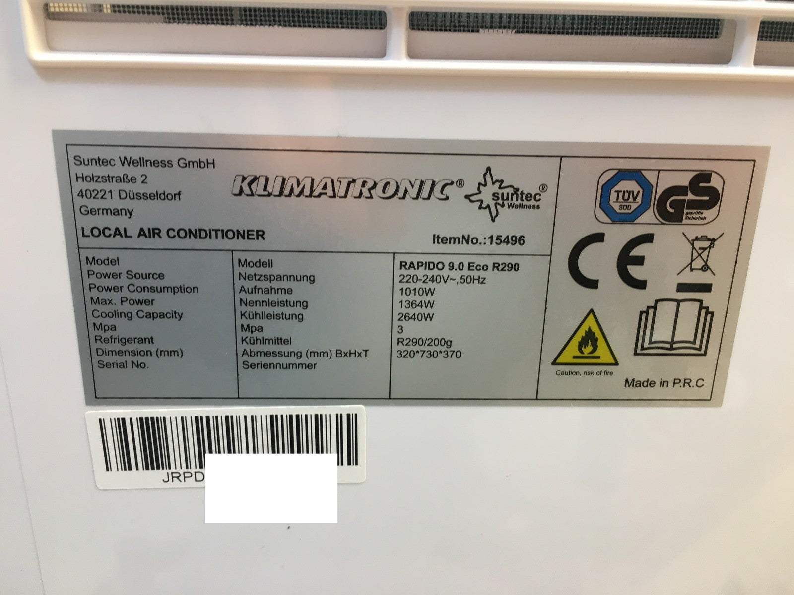 Suntec Klimaanlage Klimatronic RAPIDO 9.0 Eco R290 (15496) EEK: A I39084