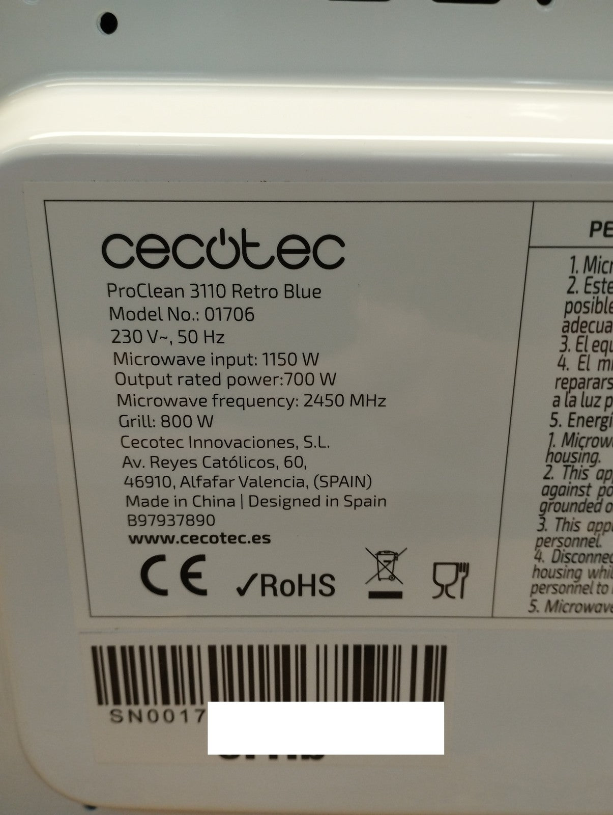 Cecotec ProClean 3110 Retro Blue Mikrowelle mit Grill (01706), 20L, 700W, I39660