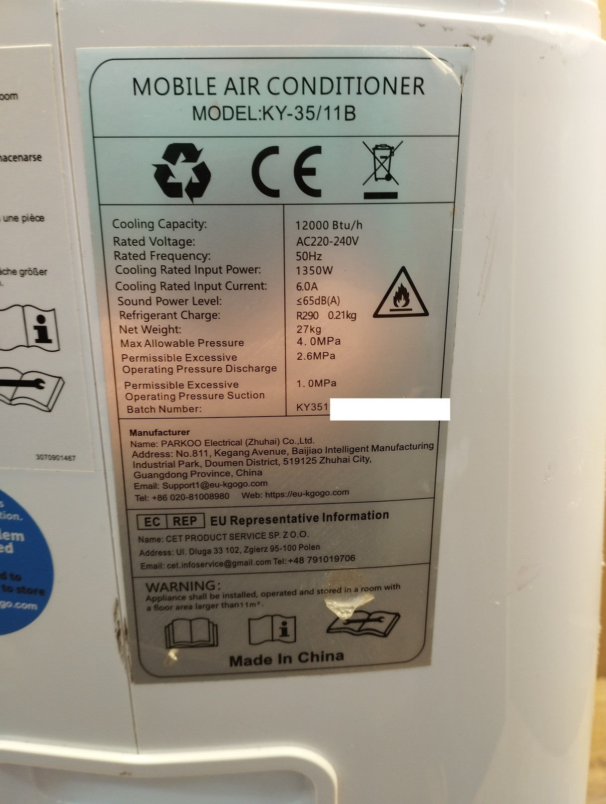 KGOGO Mobile Klimaanlage KY-35/11B, 12.000 BTU/h, Klimagerät, I39650