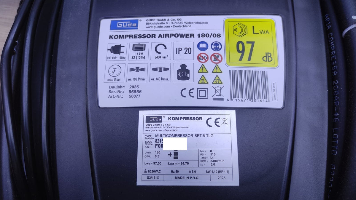 Güde Airpower 180/08 Mobiler Elektro-Kompressor 1.1kW (230V) 1.5PS
