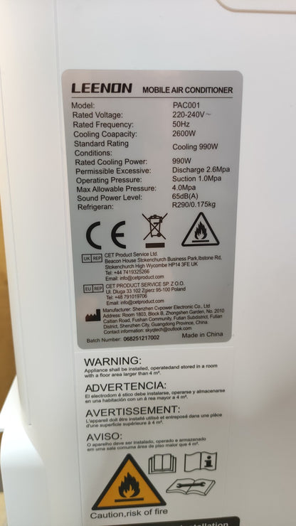 LEENON 4 in 1 mobile Klimaanlage PAC001, 9000 BTU, EEK:A, I39626
