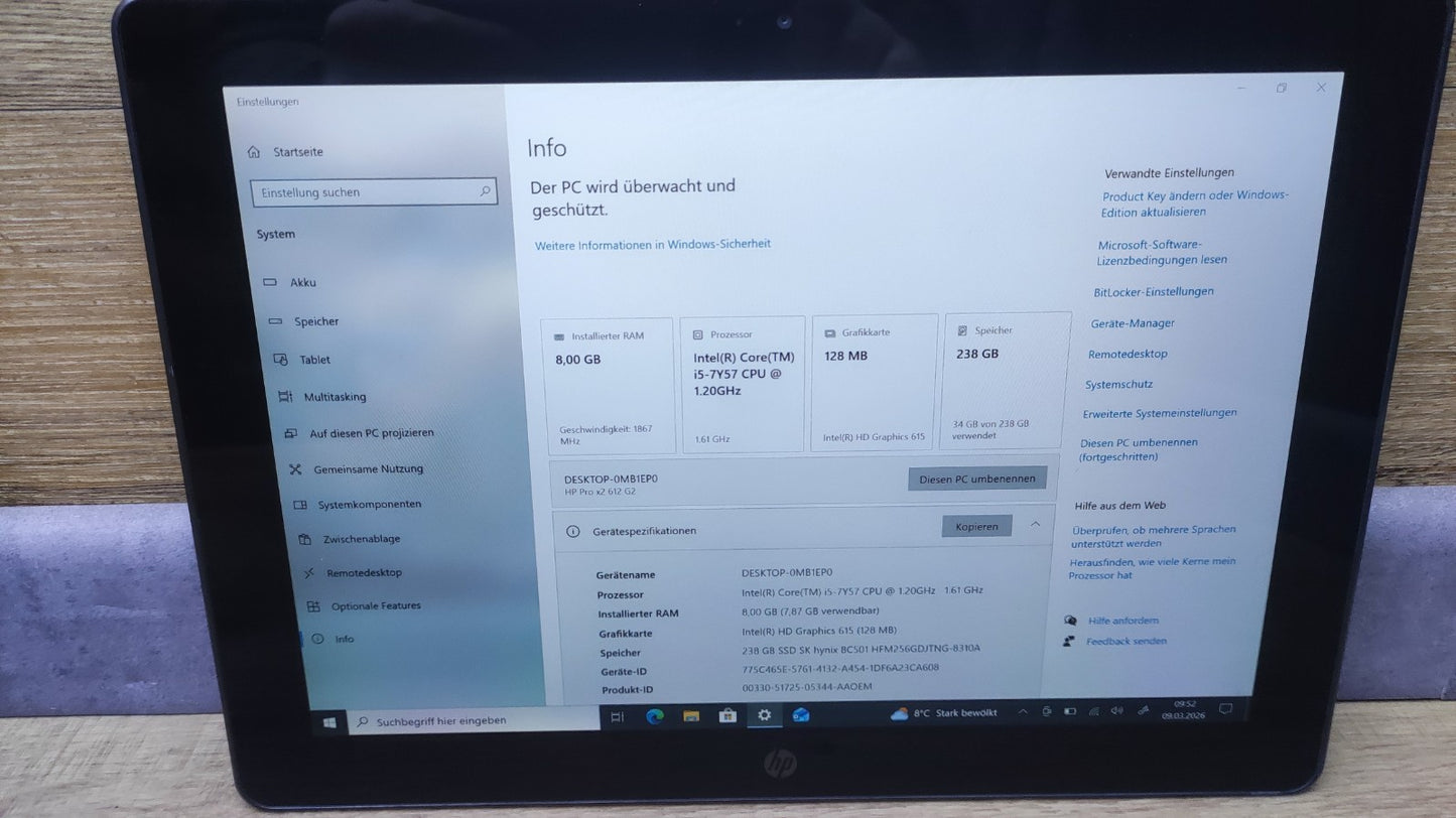HP Pro x2 612 G2 Tablet 12" FHD 1920x1280 Touch Core i5-7Y57 8GB 256GB SSD WiFi