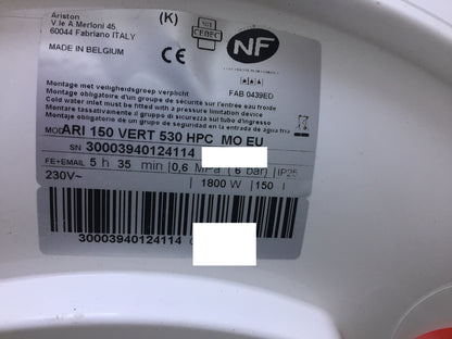 ARISTON 3000394 Warmwasserspeicher 150L ARI 150 VERT 530 HPC MO EU EEK: C I30501