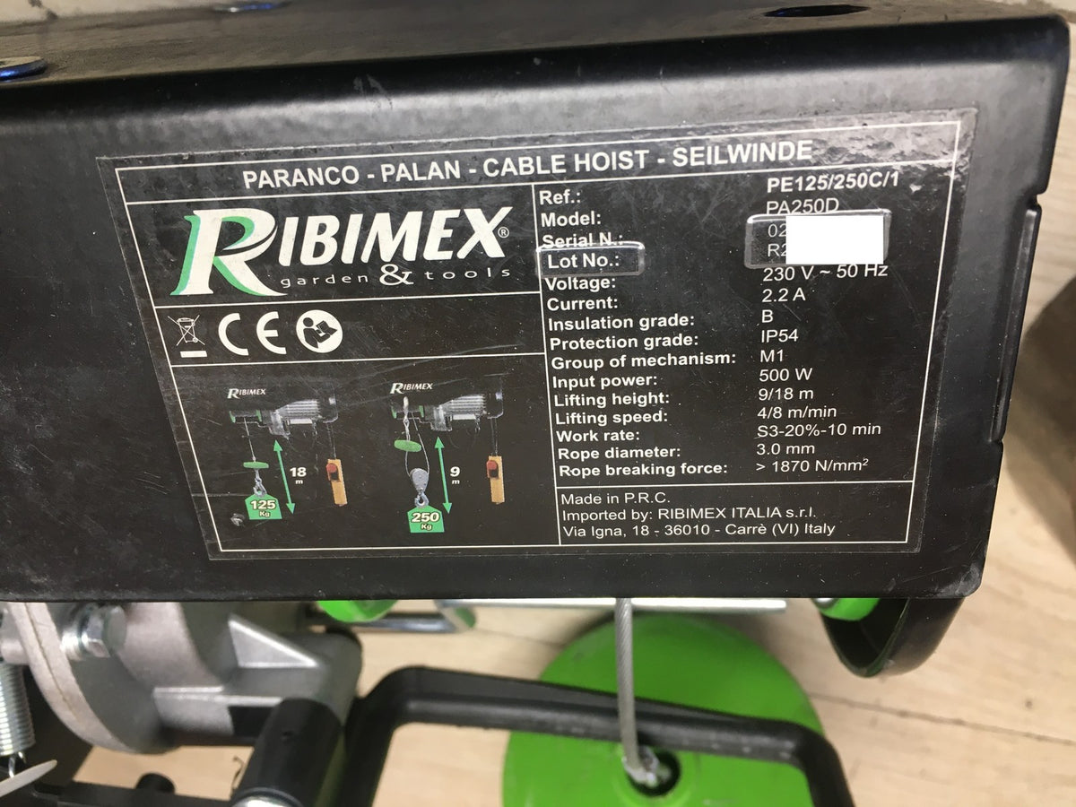 Ribimex PE125/250C/1 Elektrischer Seilzug 125/250 kg mit Umlenkrolle, I41011