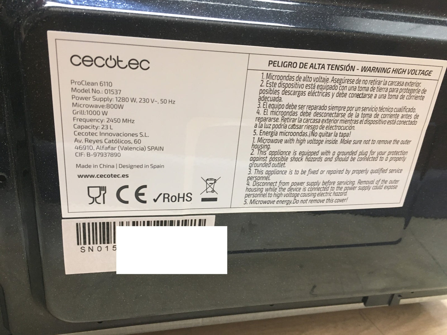 Cecotec Proclean 6110 Mikrowelle mit Grill (01537), 23L, 800W, 1000W, I39297
