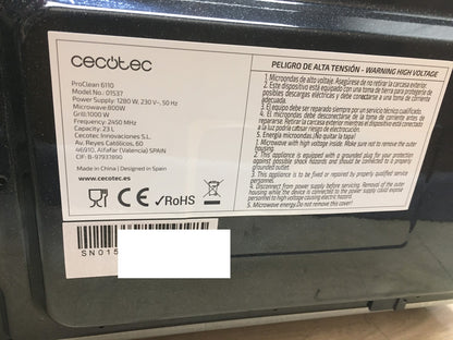 Cecotec Proclean 6110 Mikrowelle mit Grill (01537), 23L, 800W, 1000W, I39297