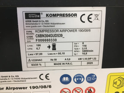 Güde 50089 Kompressor Airpower 190/08/6, ölfrei, max. Druck 8 bar, I37446