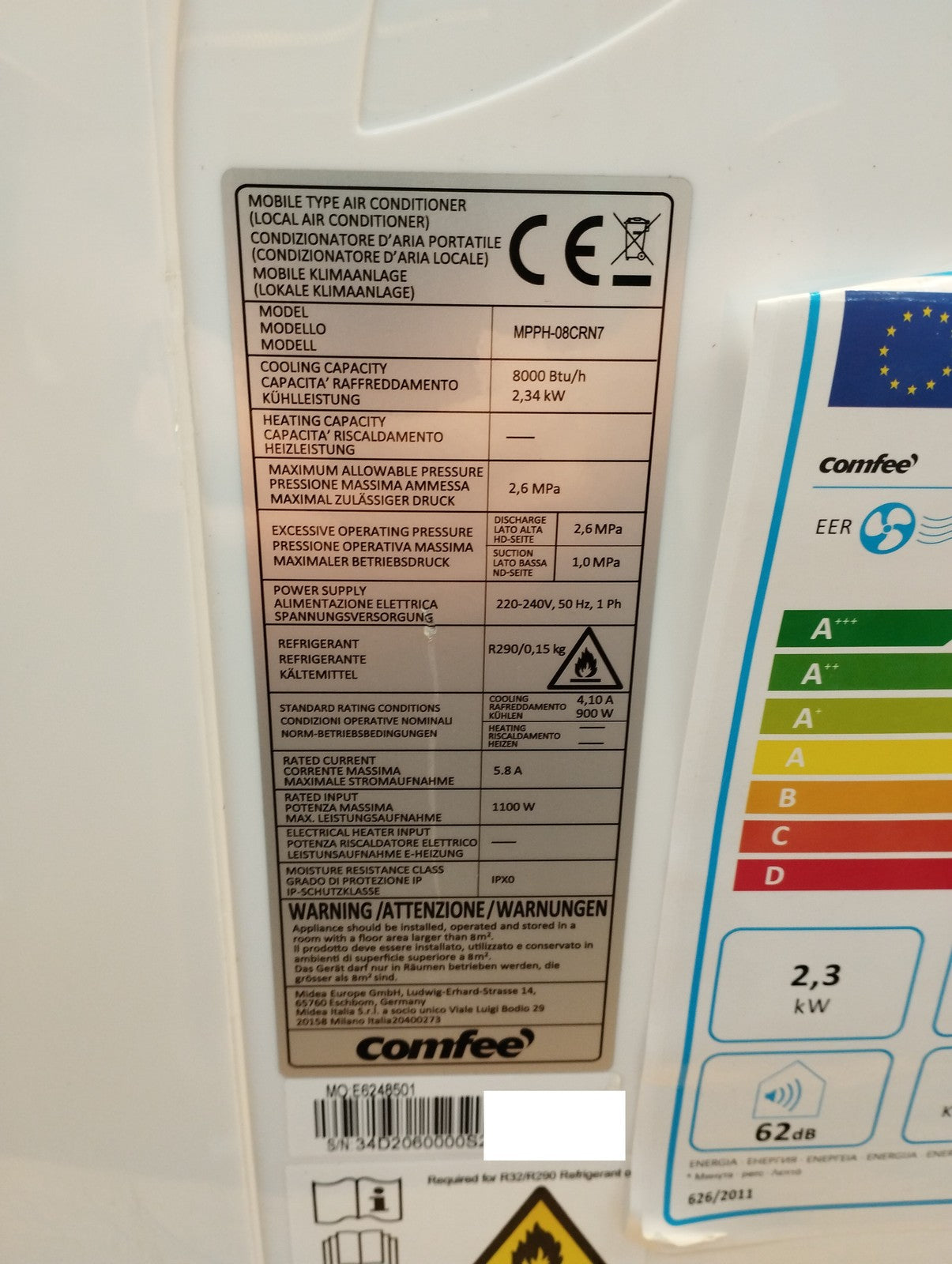 Comfee MPPH-08CRN7 Mobile Klimaanlage 8000 BTU Klimagerät EEK: A I39642