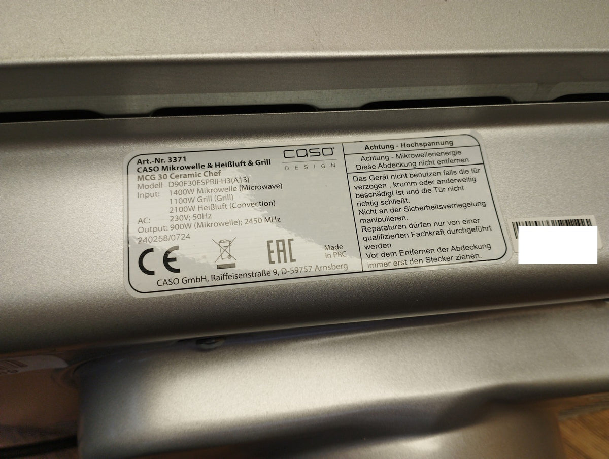 CASO MCG 30 Ceramic chef Mikrowelle mit Grill + Heißluft 2100W 30L, I40593