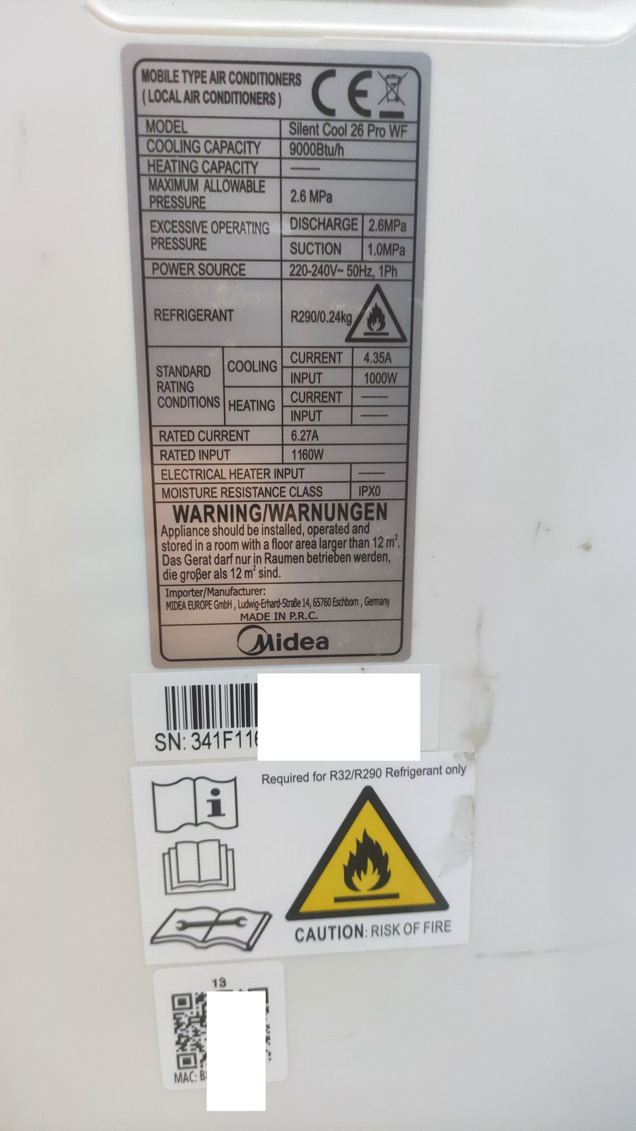 Midea Mobiles Klimagerät Silent Cool 26 Pro WF, 9000 BTU 2,6kW, EEK:A, I37686