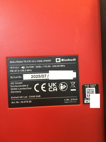 Einhell Akku-Baustellenradio TE-CR 18 Li DAB+/FM/BT Solo (3407995), 18 V, I37398