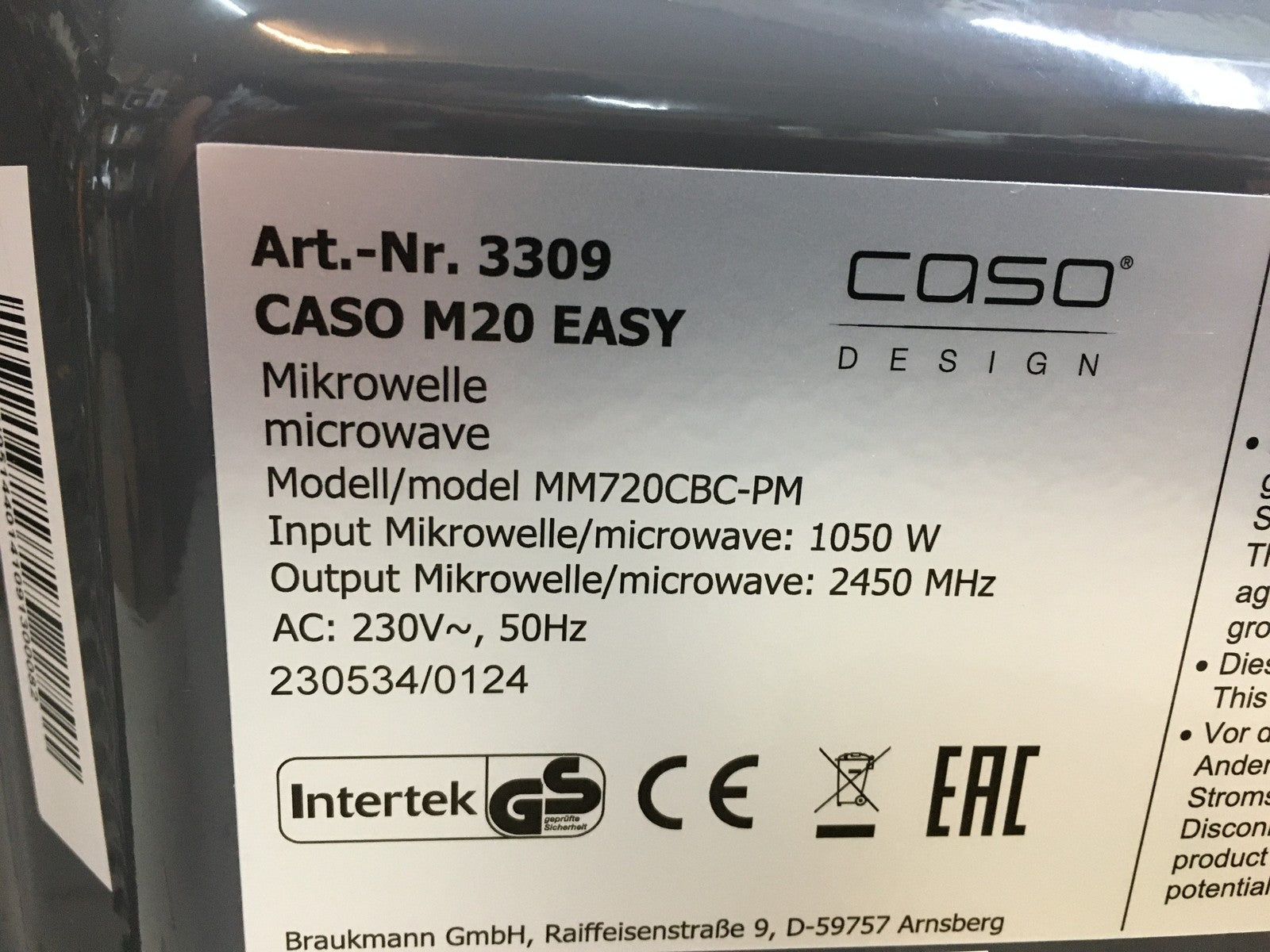 CASO M20 EASY Mikrowelle (3309), 20L, 700W, 25,5cm, I39520