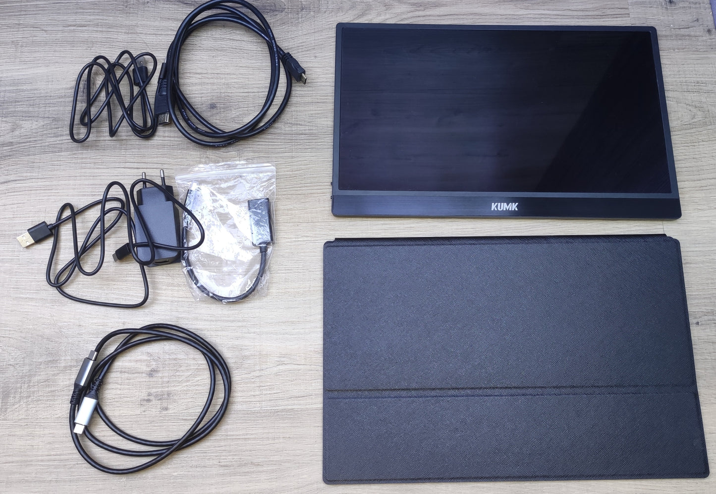 KUMK tragbarer Monitor 15" FHD 1920x1080 IPS HDMI USB-C Lautsprecher schwarz