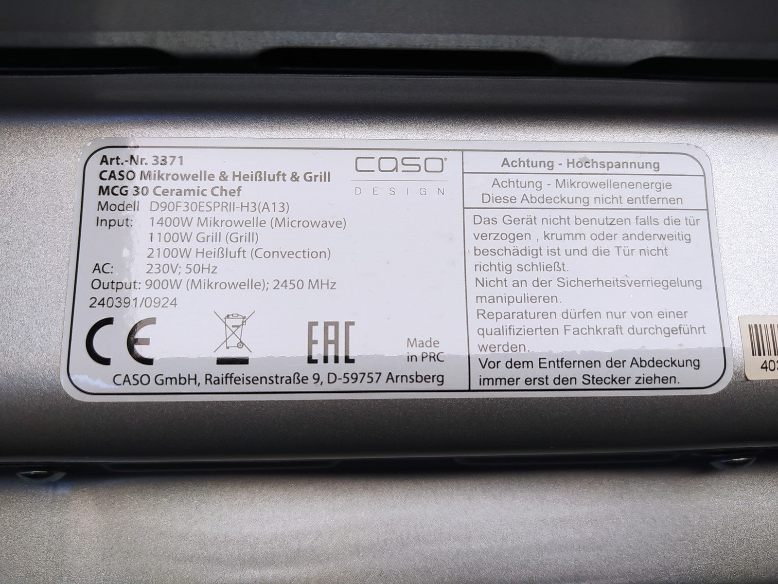 CASO MCG 30 Ceramic chef Mikrowelle mit Grill + Heißluft 2100W 30L, I37672