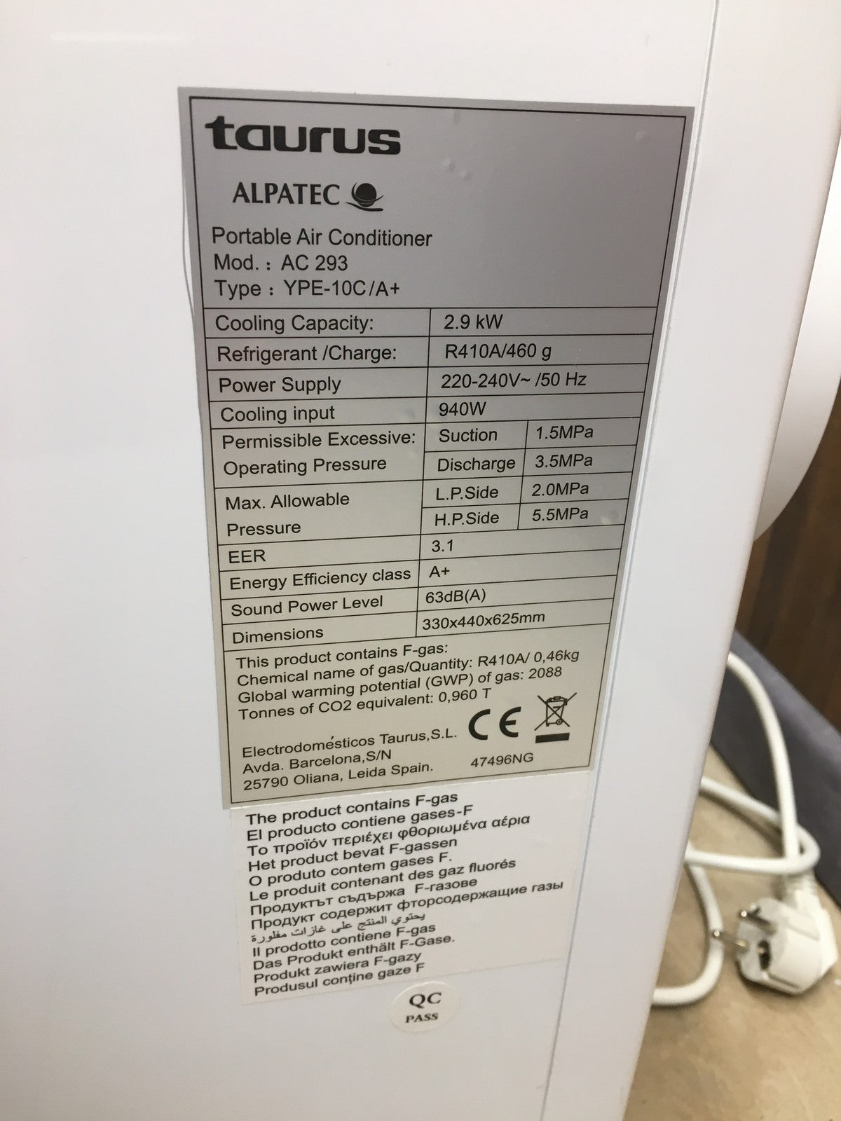 Alpatec Taurus AC 293 Mobile Klimaanlage Fernbedienung 2,9 kW EEK: A+ I39004