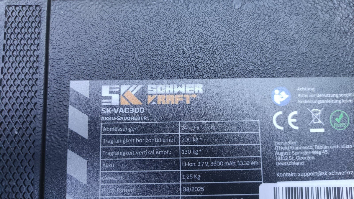 SCHWER KRAFT SK-VAC300 Akku-Saugheber Fliesen Plattenheber 300kg Haltekraft
