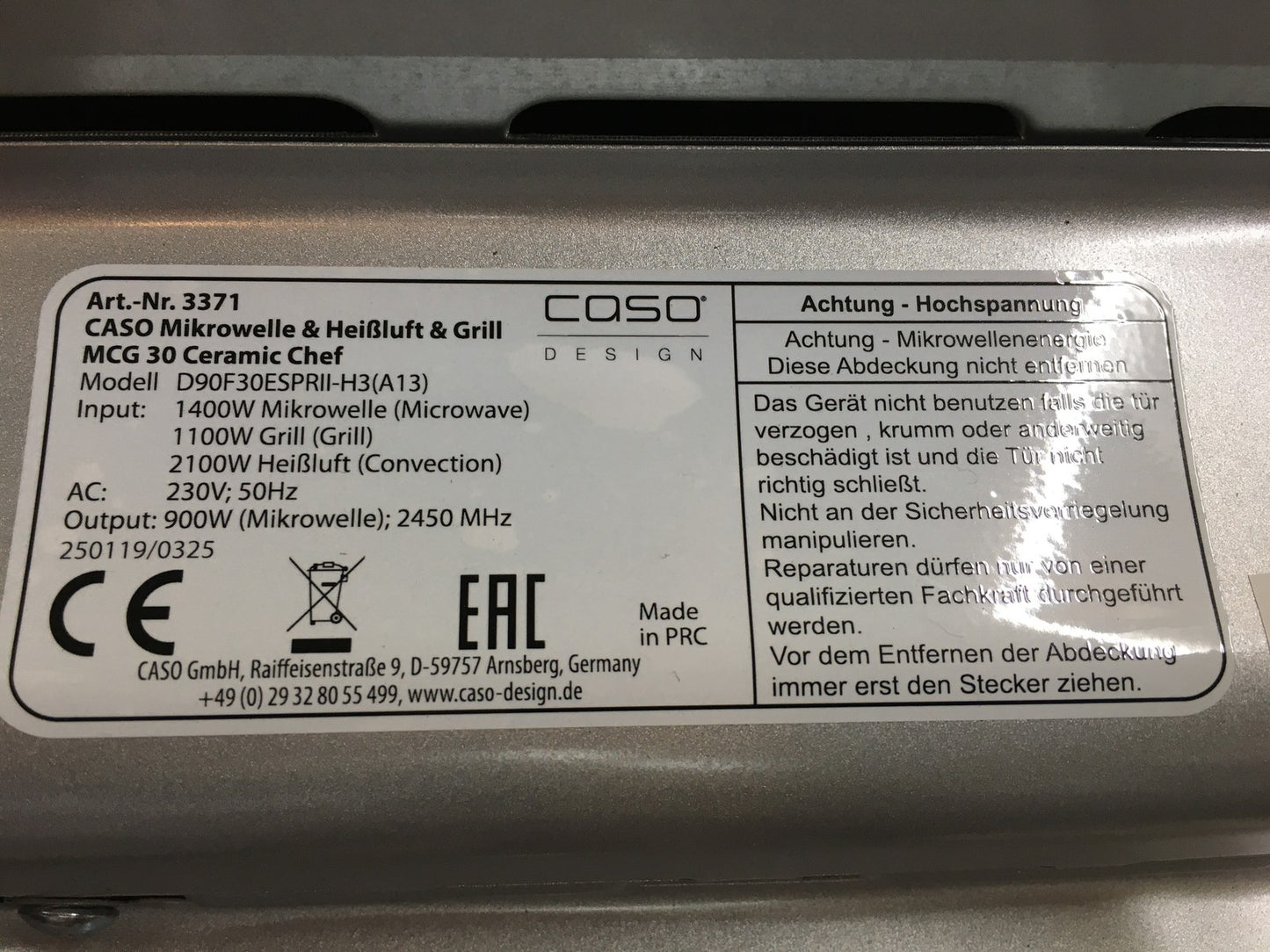 CASO MCG 30 Ceramic chef Mikrowelle mit Grill + Heißluft 2100W 30L, I39389