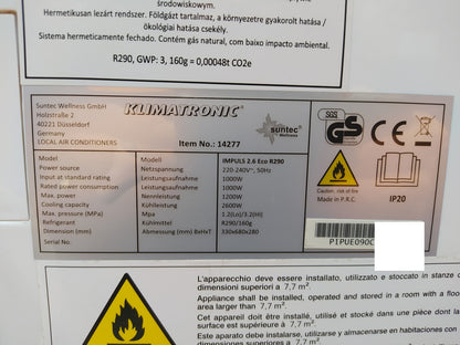 Suntec 14277 mobile Klimaanlage Impuls 2.6 Eco R290 9000 BTU/h EEK: A I39050