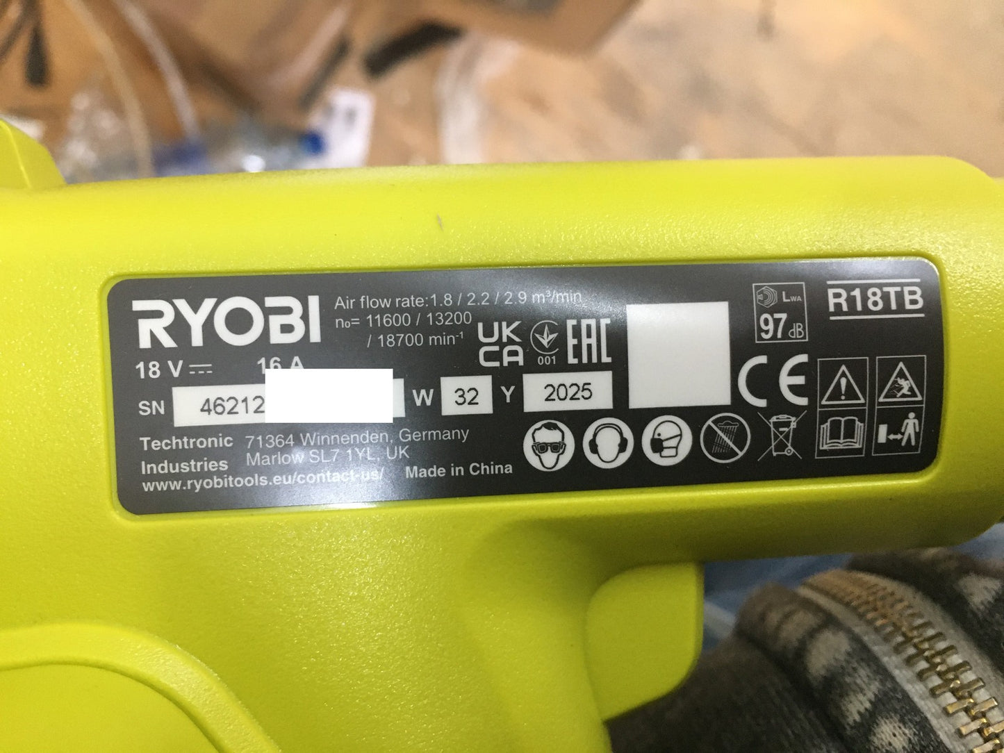 RYOBI 18 V ONE+ Akku-Gebläse R18TB-0 solo Luftvolumen 2,9 m³/min I38203