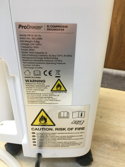 ProBreeze PB-D-26-EU Luftentfeuchter 6L, weiß, I38026