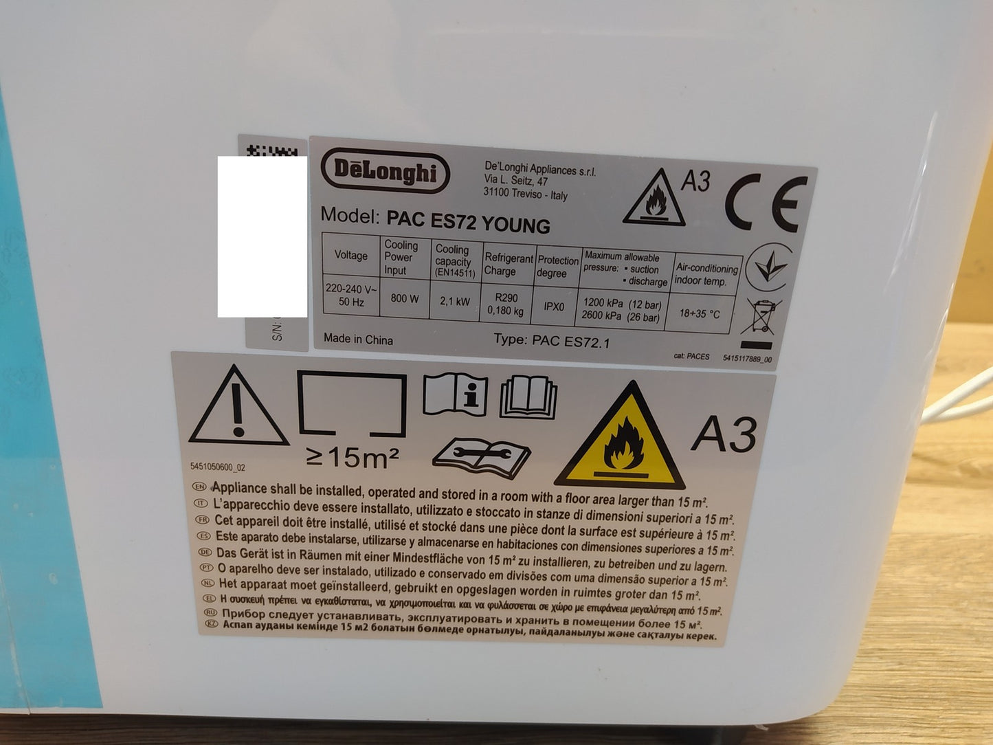 De'Longhi PAC ES72 YOUNG Mobiles Klimagerät, 8300 BTU, I39395