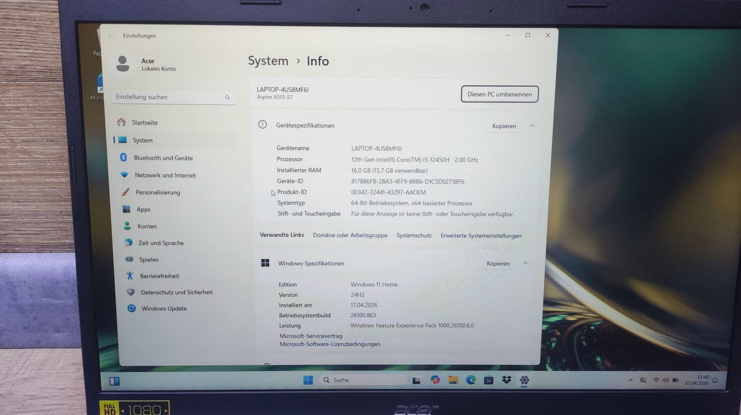 Acer Aspire 5 A515-57-51X4 Notebook 15.6" FHD i5-12450H 16GB 1TB SSD Thunderbolt