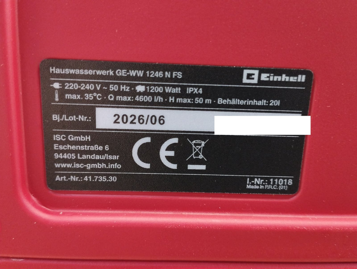 Einhell Hauswasserwerk GE-WW 1246 N FS, 1.200 Watt, 4600 L/h max.