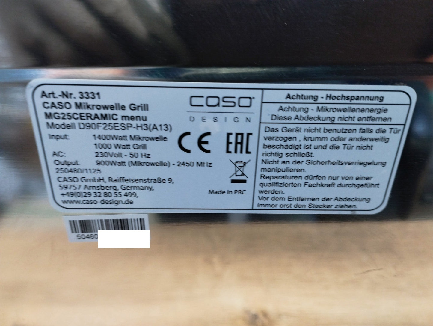 Caso MG25 Ceramic Mikrowelle mit Grill, 25L, 1400W, 1000W Grill, I39549