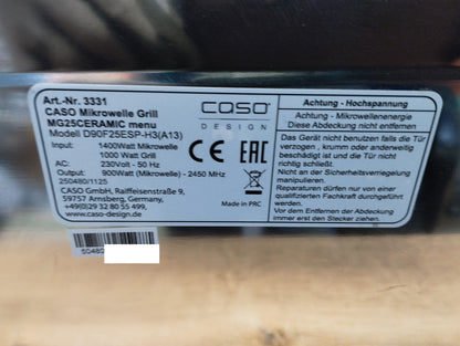Caso MG25 Ceramic Mikrowelle mit Grill, 25L, 1400W, 1000W Grill, I39549