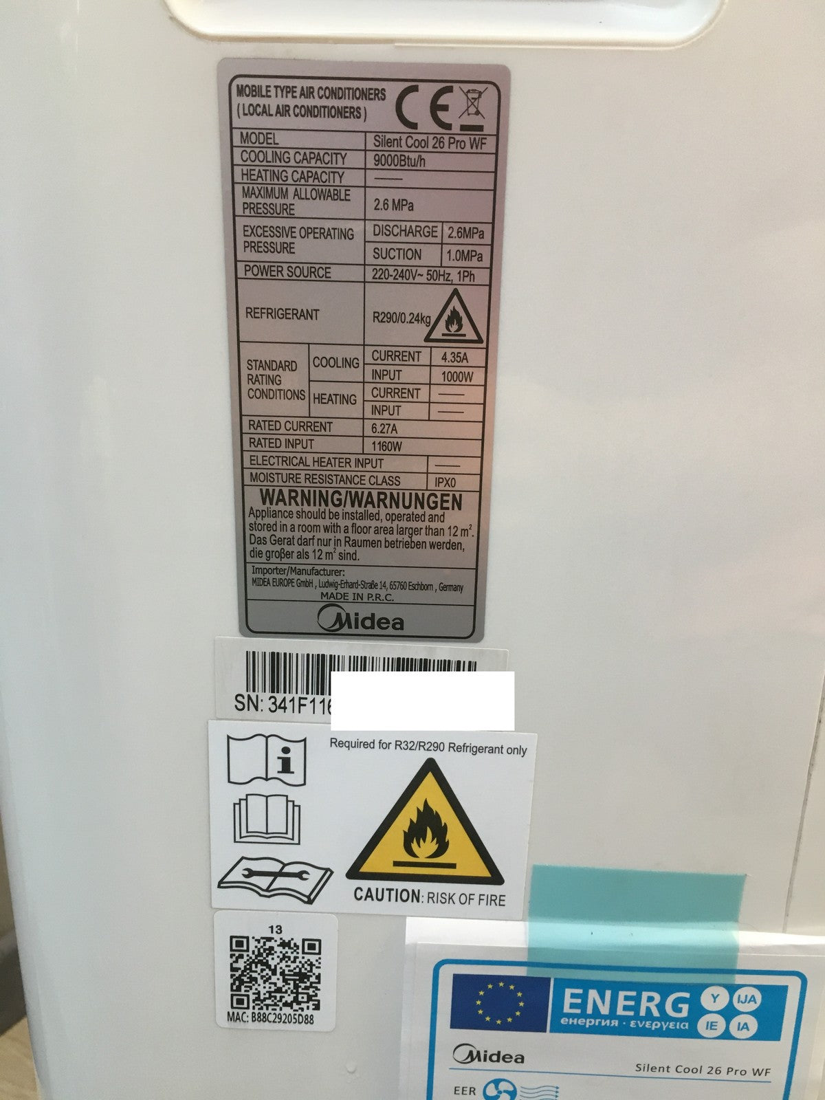 Midea Mobiles Klimagerät Silent Cool 26 Pro WF, 9000 BTU 2,6kW, EEK:A, I39010