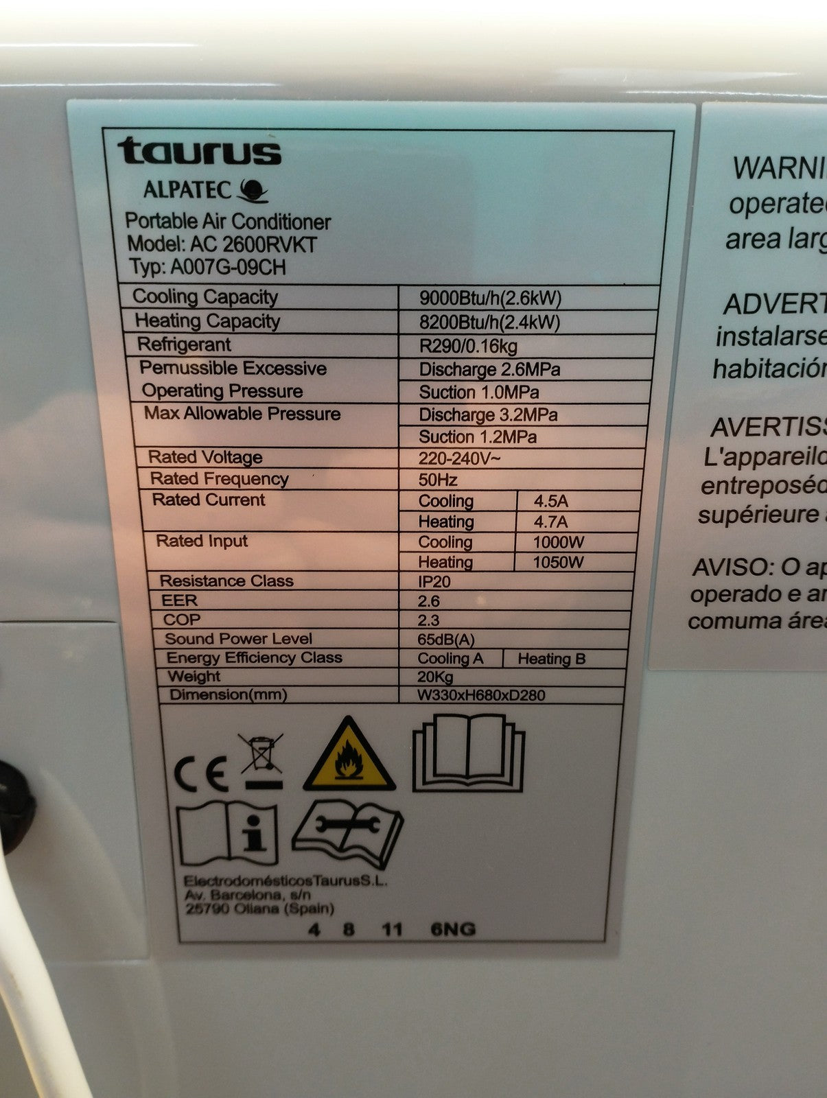Taurus AC 2600RVKT mobile Klimaanlage, 9000 BTU, I39636