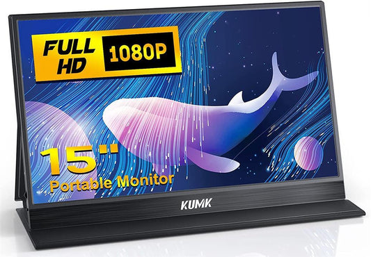KUMK tragbarer Monitor 15" FHD 1920x1080 IPS HDMI USB-C Lautsprecher schwarz