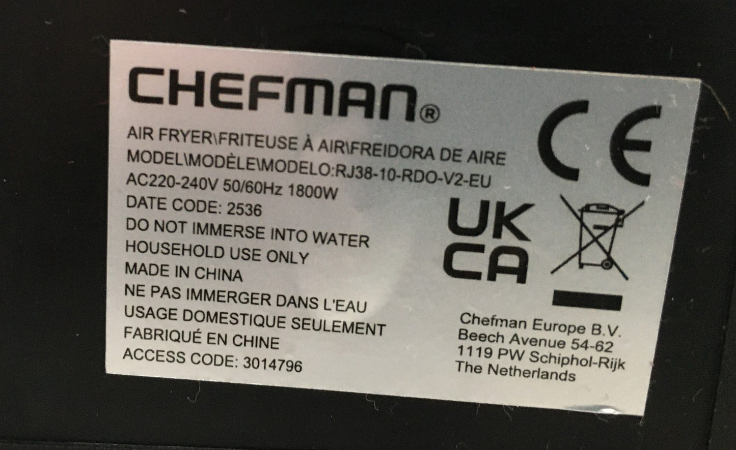 Chefman RJ38-10.RDO-V2-EU Multifunktionale Heißluftfritteuse + Rotisserie I39350