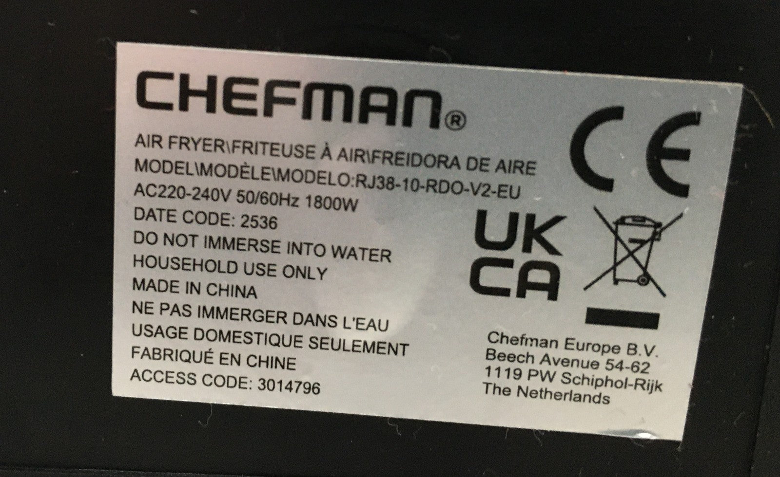 Chefman RJ38-10.RDO-V2-EU Multifunktionale Heißluftfritteuse + Rotisserie I39350