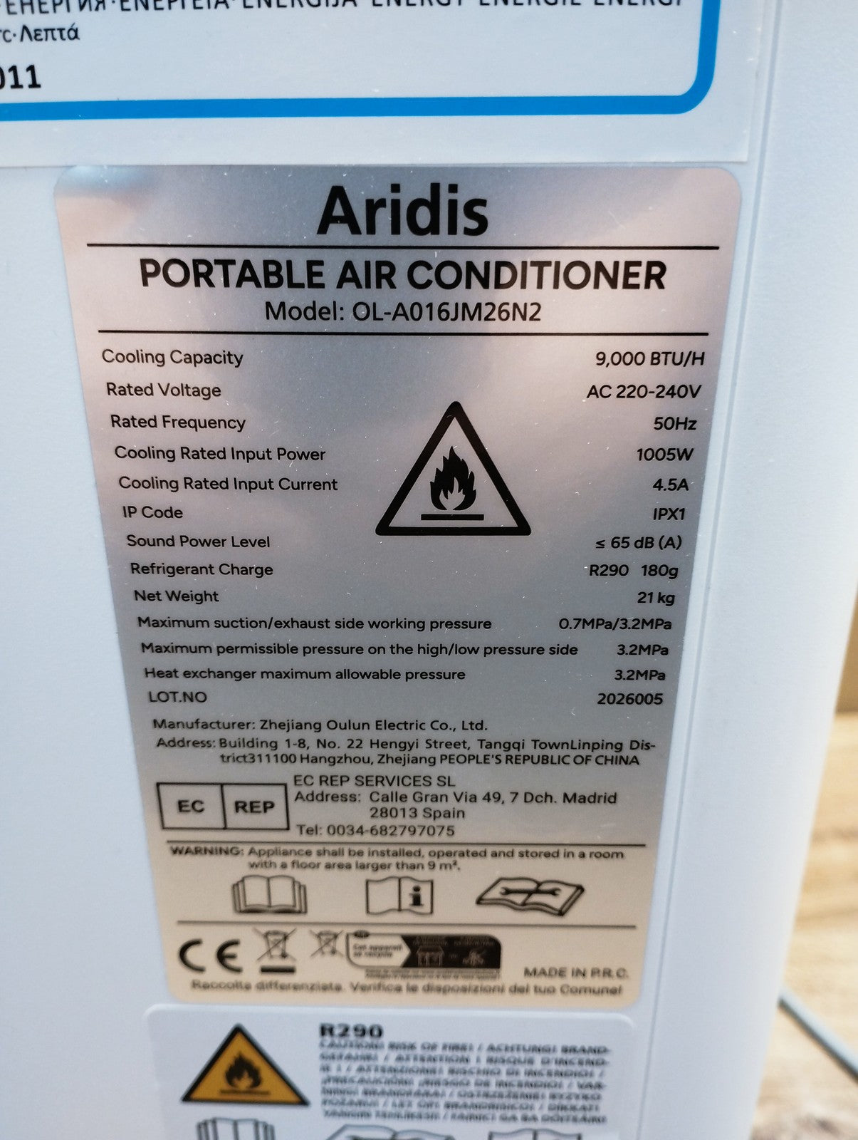 Aridis Mobile Klimaanlage OL-A016JM26N2 Klimagerät 9.000 BTU/h I39640