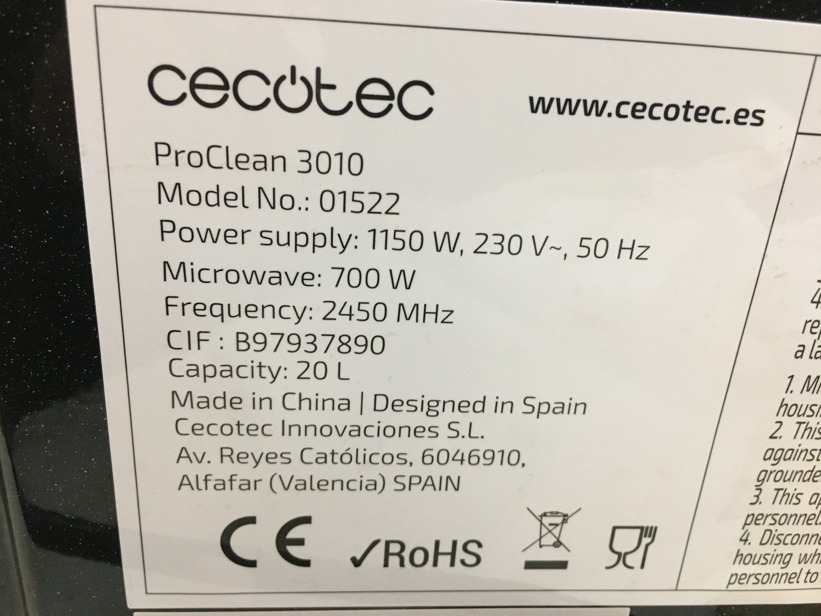Cecotec ProClean 3010 Mikrowelle (01522), 20L, 700W, I39579