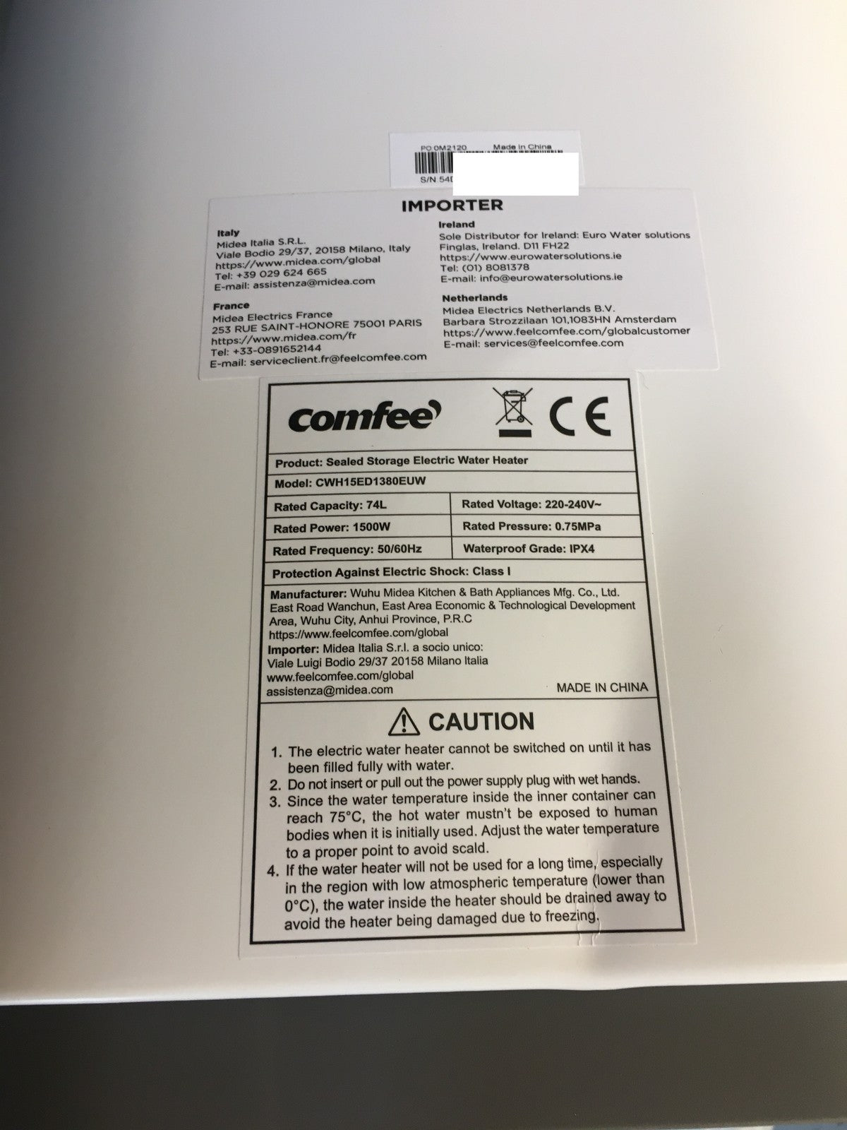 Comfee CWH15ED1380EUW Warmwasserspeicher 74L 1500W EEK:B, I40036