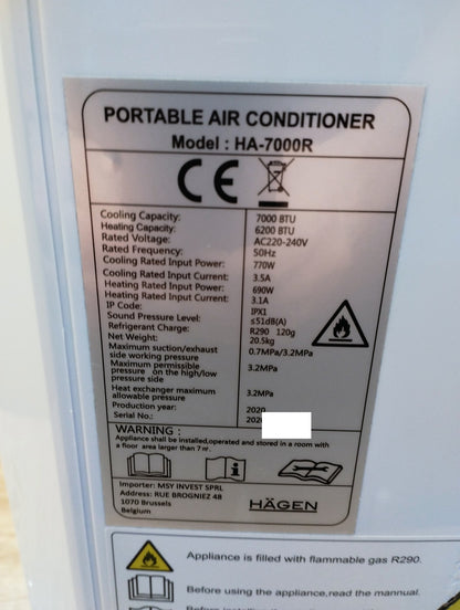 Hägen mobile Klimaanlage HA-7000R, 7000BTU, Klimagerät, I39674