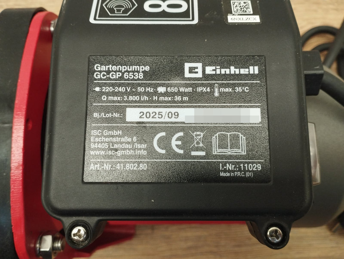 Einhell GC-GP 6538 Gartenpumpe 650 W 3.800 l/h Förderhöhe 36 m IPX4 230 V