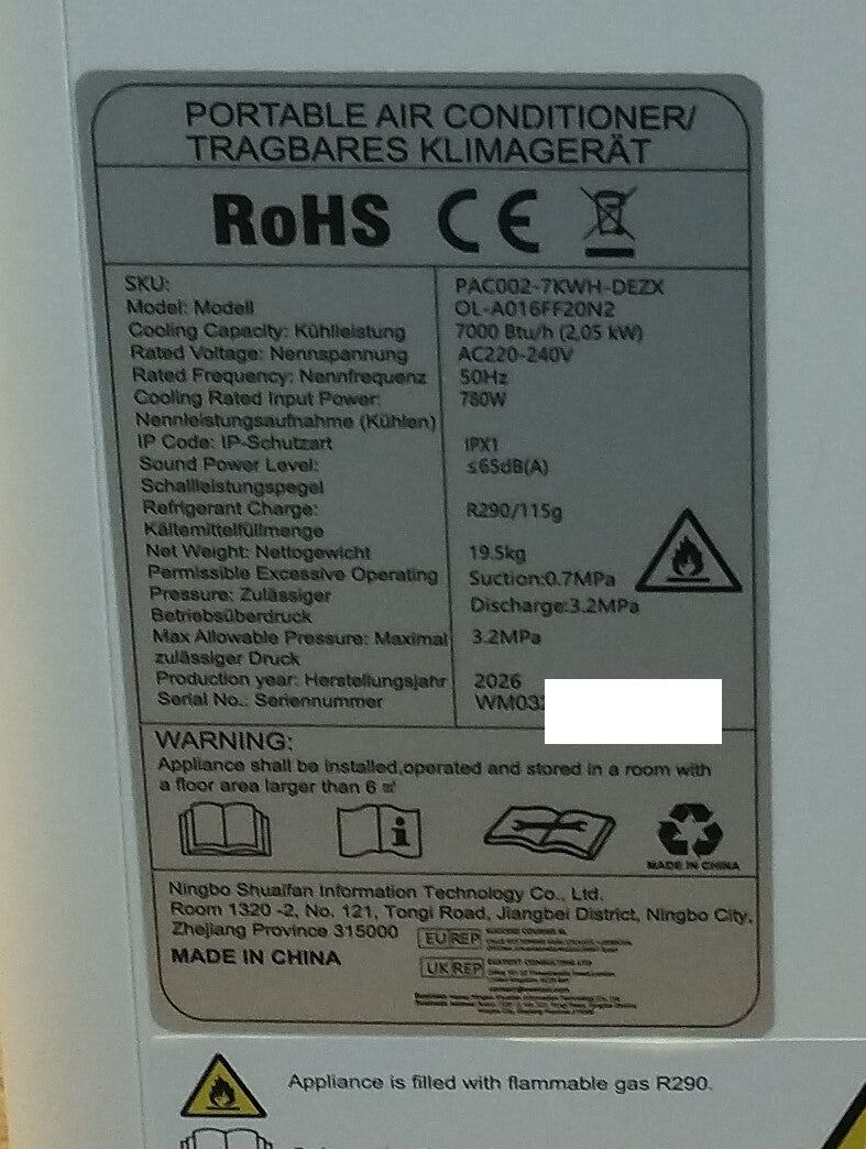 EUHOMY mobile Klimaanlage PAC002-7KWH-DEZX, 7000BTU, Klimagerät, I39673