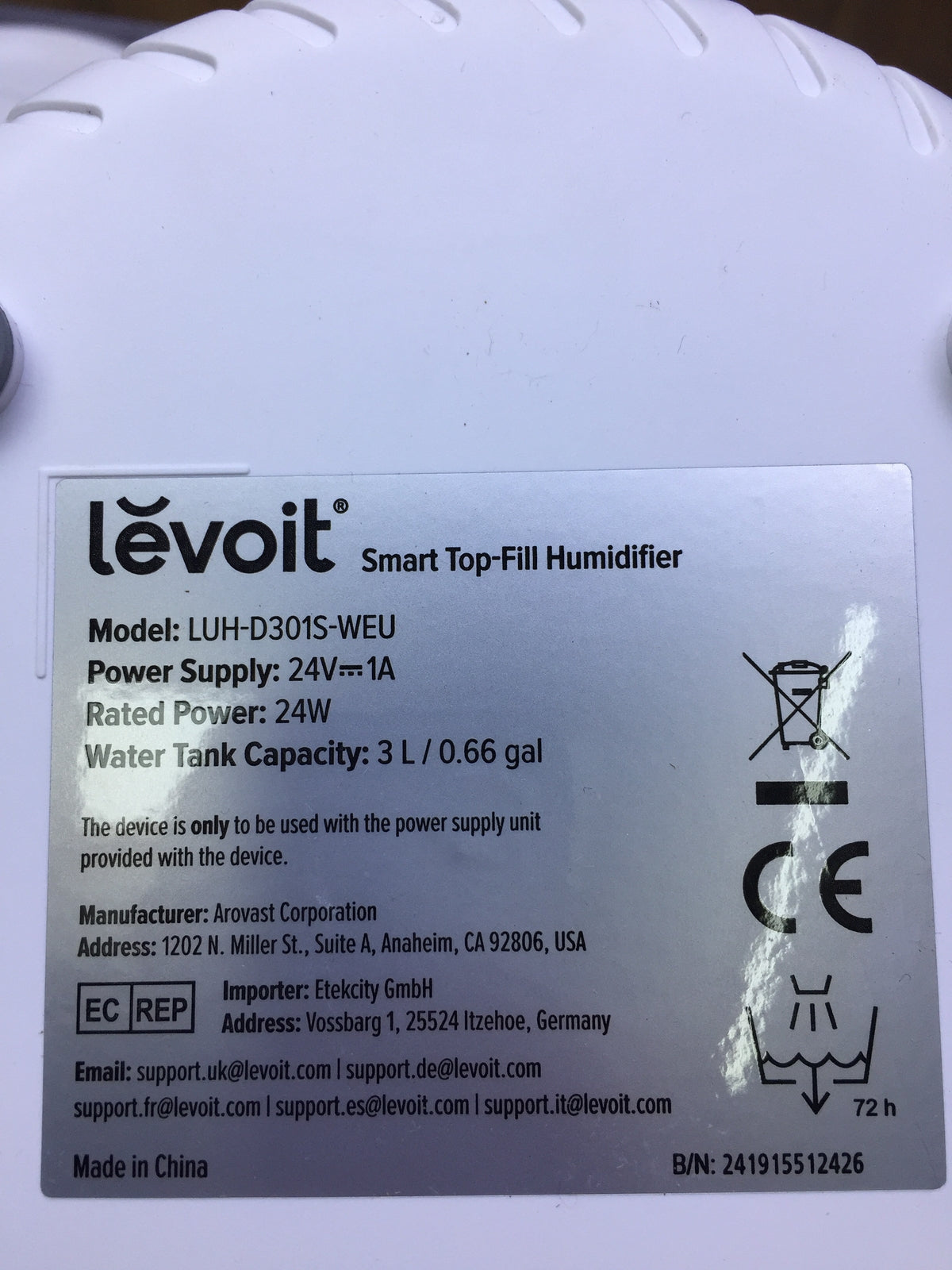 LEVOIT 3L Top Fill Luftbefeuchter LUH-D301S, I30523