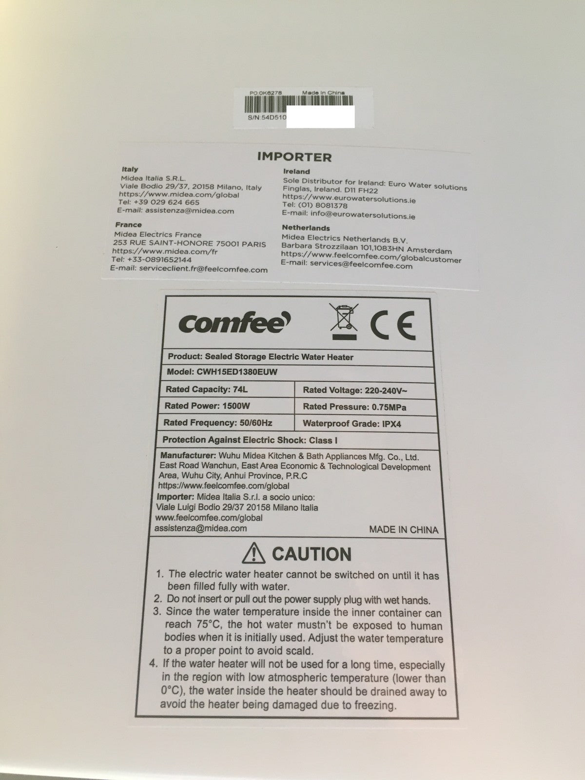 Comfee CWH15ED1380EUW Warmwasserspeicher 74L 1500W EEK:B, I40023