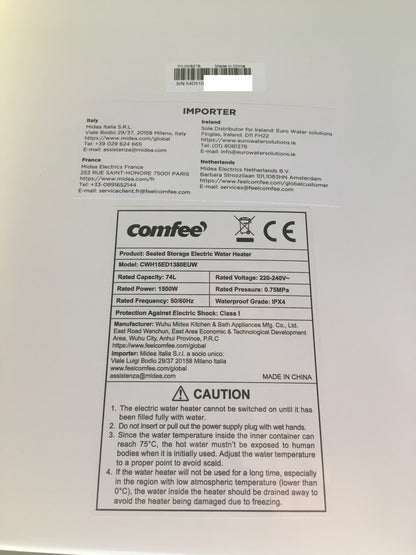 Comfee CWH15ED1380EUW Warmwasserspeicher 74L 1500W EEK:B, I40023